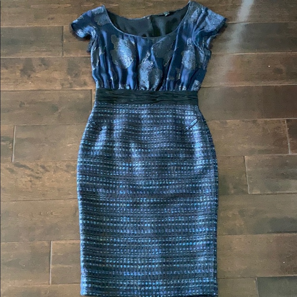 Designer Rachel Roy Midnight navy black tweed silk dress from Bergdorf Goodman